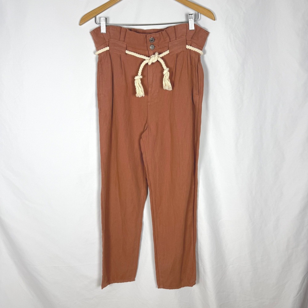 Veronica Beard Karter Twill Pleated Crop Paperbag Cotton Linen Pants Mocha 4